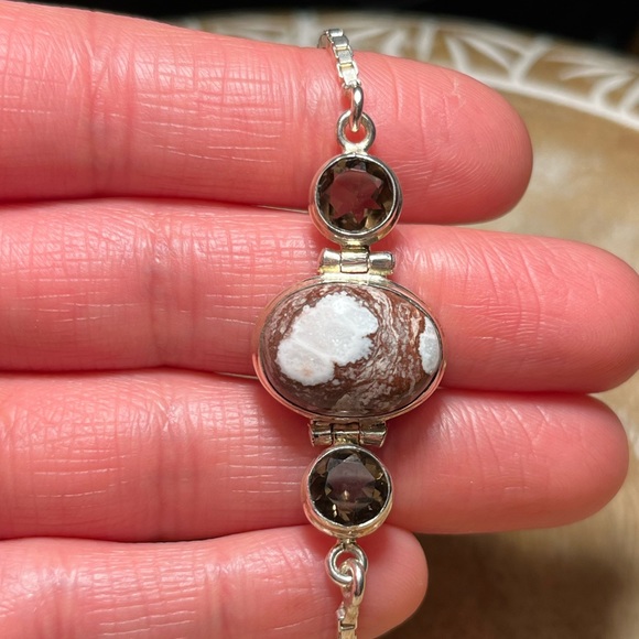 Agate & Smoky Topaz Stone Box Chain 925 Sterling Silver Bracelet - Picture 11 of 15